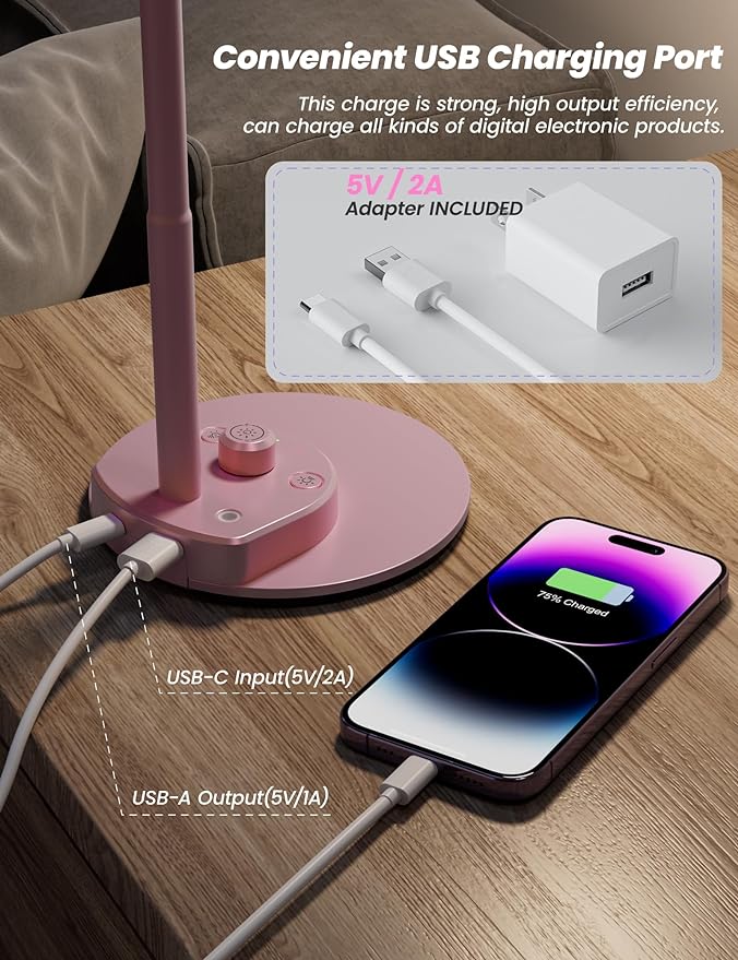 BOHON Cute Desk Lamp with USB Charging Port, 3 Color Modes Dimmable, Pink | Pink Lamp LED Reading Lamp, Flexible Neck Auto Dimming Table Task Light for Home Office Dorm Bedside - Image 4