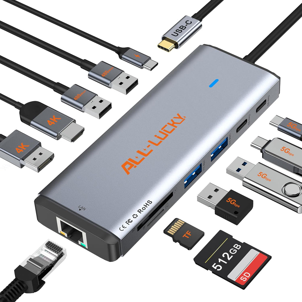 USB C Docking Station with Dual Monitor 4K HDMI & DisplayPort for Laptops by ALL- LUCKY
