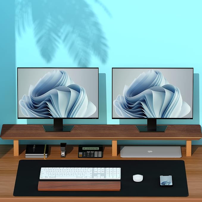 Aothia Solid Wood Dual Monitor Stand Riser for Desk, 43 Inch Black Walnut Computer Monitor Riser with Cork Legs, Extra Long Desktop Organizer Shelf for 2 Monitors, Laptop & Printer - Image 7