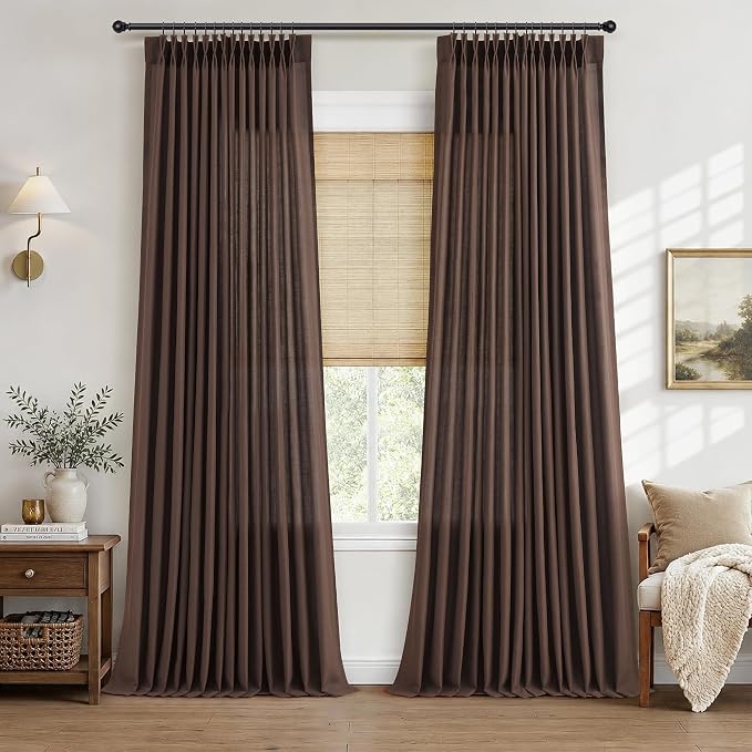 Hokibero Coffee Pinch Pleated Linen Curtains 90 Inch Long for Living Room | Brown Light Filtering Sheer Curtain,Pinch Pleat Back Tab Hooks Rings,Boho Textured Privacy Drapes for Bedroom Window,2 Panels by Hokibero