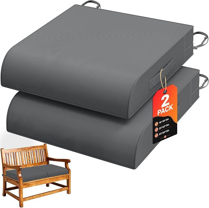 TasticTotes 19 x 19 x 3 Inch Outdoor Patio Chair Cushions Set of 2, Grey | Waterproof Outdoor Seat Cushions with Adjustable Straps & Handles, Fade-Resistant dinning Pads for Outdoor Furniture, Garden by Unknown