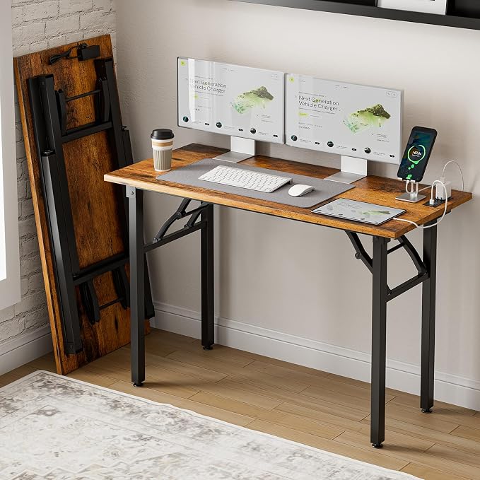 Small Folding Computer Desk – 43.3 Inch Portable Table for Craft and Study, Lightweight Desk for Small Spaces, Foldable Laptop Table Built-in AC/USB Outlets for Convenience, Rustic Brown by Frylr