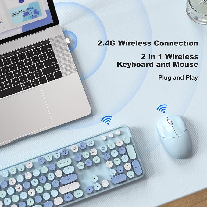 Wireless Keyboard and Mouse Combo, 2.4GHz Retro Full-Size Typewriter Keyboard with Number Pad and Wireless Mouse for PC/Laptop/Desktop/Windows (Pale Blue) - Image 3