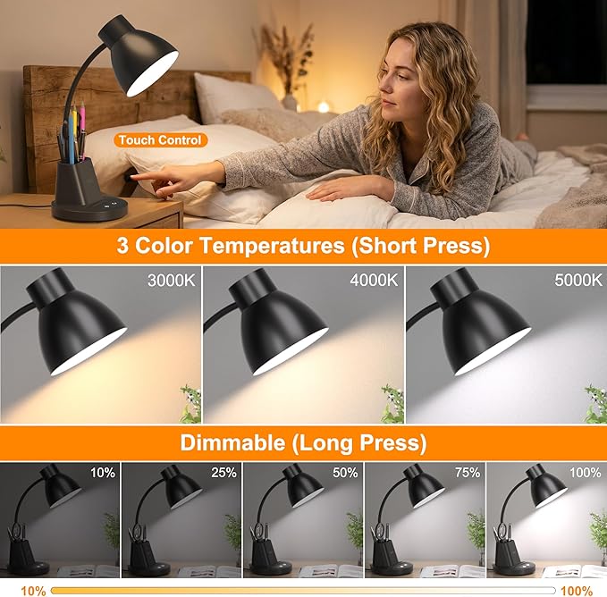10W Wireless Charging LED Desk Lamp with Pen Holder, CRI 95, Black | 800LM, 3 Modes, 360°Flexible Arm, Touch, Brightness, Table Lamp for Home Office, Dorm, Bedside, Study, Reading, with Adapter - Image 3