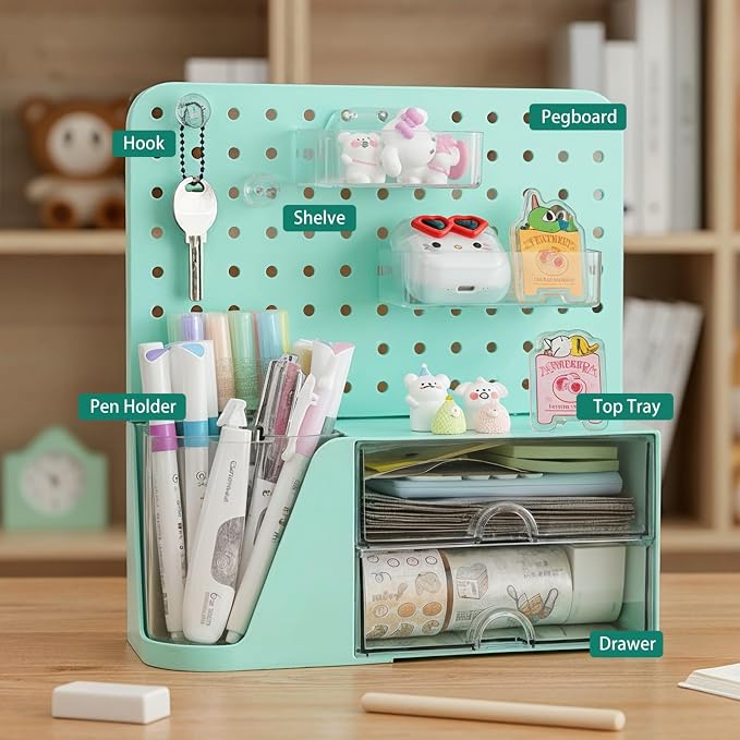 Comix Desk Organizer with 2 Drawer, Green 360° Rotating Pen Holder for Desk | Desk Organizers and Accessories with 5 Slots Pencil Holder+Pegboard+Drawer, Pen Organizer for Home School Art Office Supplies - Image 3