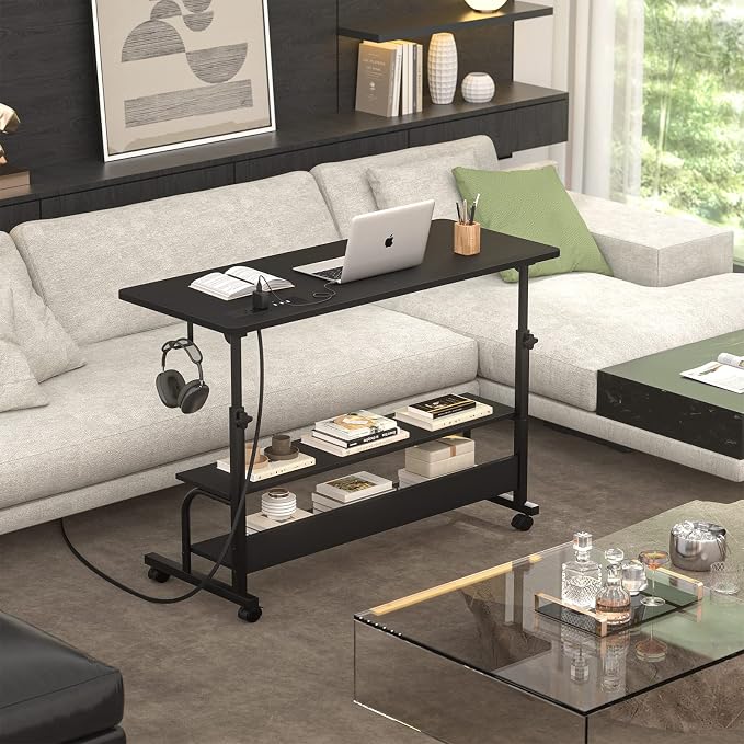 39" Rolling Standing Desk with Charging Station for Couch Bed | Height Adjust 27.5-41", 2 AC/3 USB, Mobile 4 Lockable Wheels, 2-tier Shelves Hook, Safe Corner Fast Assembly - Image 7