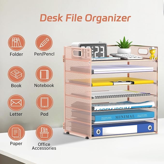 7 Tier Paper Organizer for Desk with Letter Trays and Handle Rose Gold | Desk File Organizer with Handle for Sorting Papers, Files, Folders, Mail, Bills and Office Supplies - Image 3