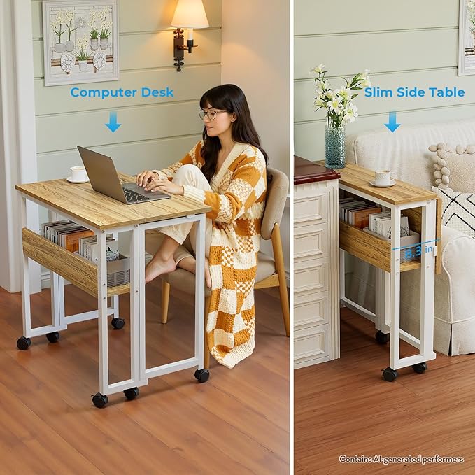 GreenForest Folding Desk with Wheels, 24.8" Rolling Table for Small Spaces | Storage Shelf, Lockable Casters, Compact Portable Workstation, Space-Saving Foldable Sofa Table, Home Office, Mobile, Oak - Image 6