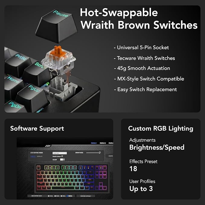 TECWARE Phantom+ Elite 87 Key RGB Mechanical Gaming Keyboard | 3-Mode Wireless Bluetooth 5.0, 2.4GHz & USB-C Wired | Hot-Swappable 5-Pin | Double-Shot PBT Keycaps | Wraith Brown Switch - Black - Image 5