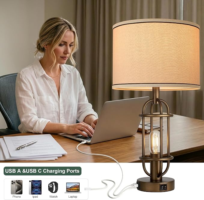 Reaketon Table Lamps for Living Room Set of 2, 22.3" Farmhouse Lamps for Nightstand, Industrial Table Lamps for Bedroom with USB Ports - Image 3