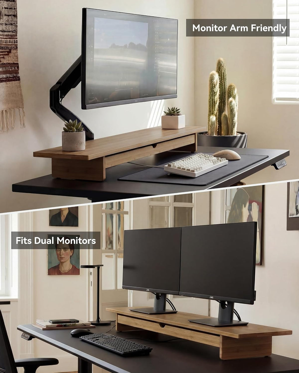 Dual Monitor Stand Riser with Drawer,Wood Desk Storage Shelf - Image 7