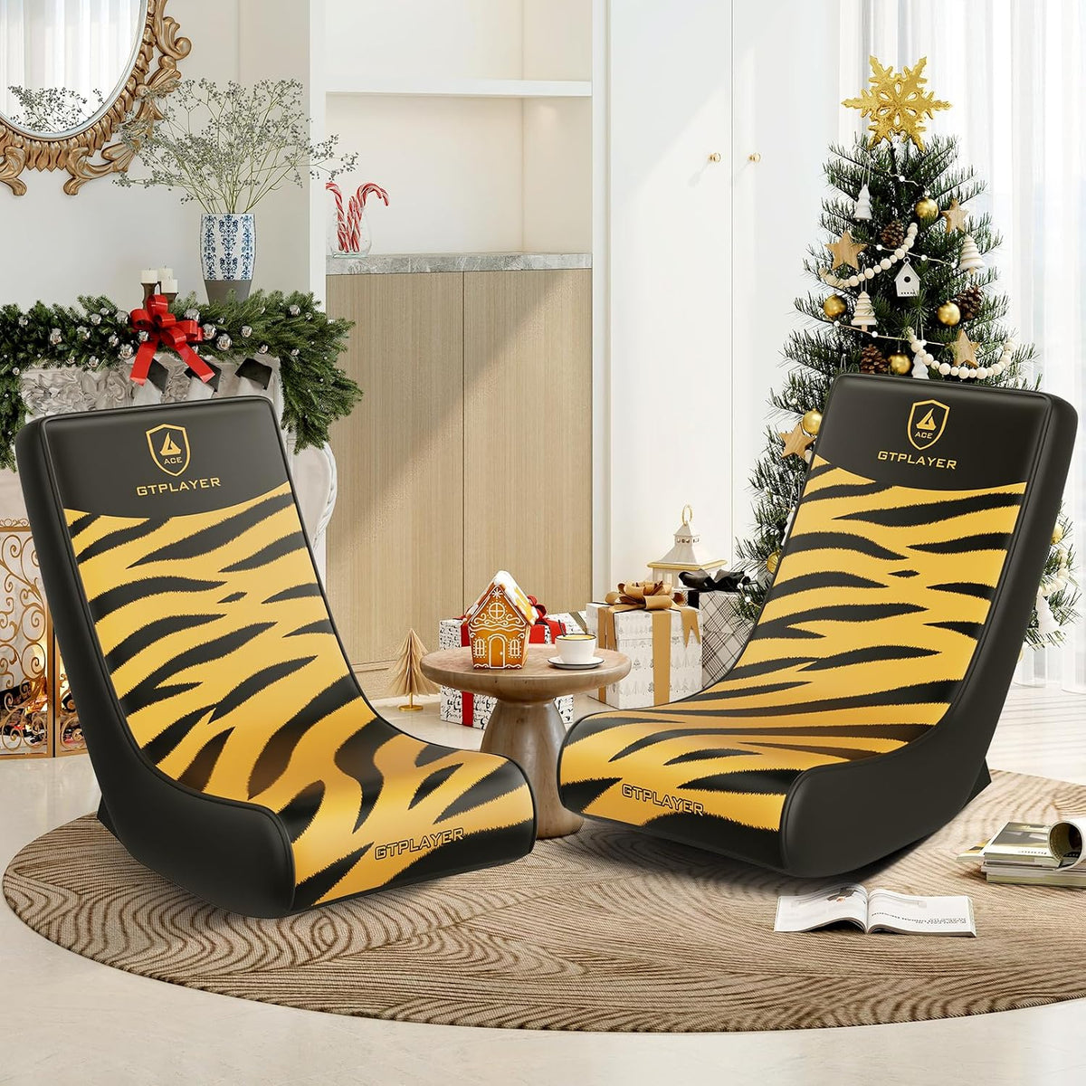 GTPLAYER Gaming Floor Rocking Chair – Rocker Floor Game Chair with Angle Limiter, Compact & Lightweight Game Seat, Orange Tiger Patterned - Image 8