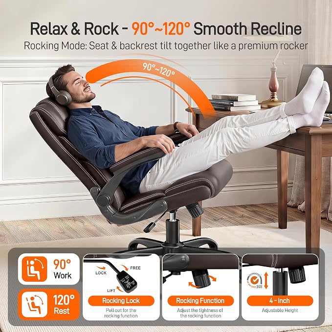 Office Chair, Executive Mid-Back Computer Desk Chair with Flip-up Armrests | 300 Lbs Ergonomic Leather Swivel PC Chair with Rock Function for Working Studying (Coffee) - Image 3