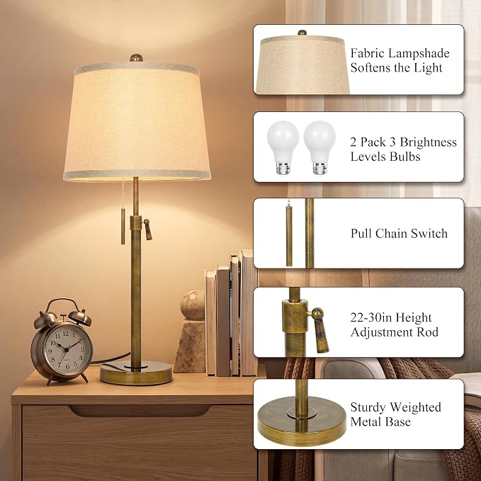 Antique Bronze Table Lamps Set of 2 Adjustable Height 22" to 30"Tall 3 Brightness Way Bedside Nightstand with Pull Chain Switch Pole Lights for Living Room Guest Bedroom End Table(Bulbs Included) - Image 4