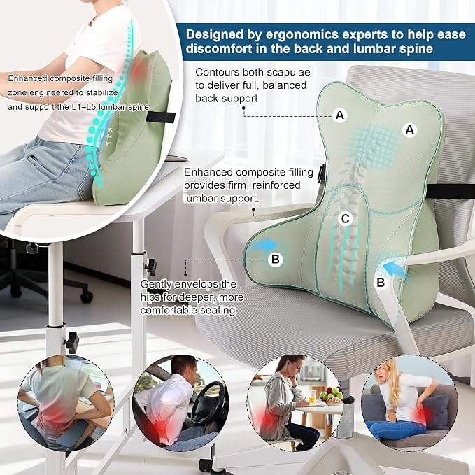 Lumbar Support Pillow (Pat. Pend) for Couch & Recliner, Ergonomic Chair Back Support for Lower Back Pain Relief, Back Support for Couch, with Adjustable Strap to Stay in Place, Celadon Green - Image 4