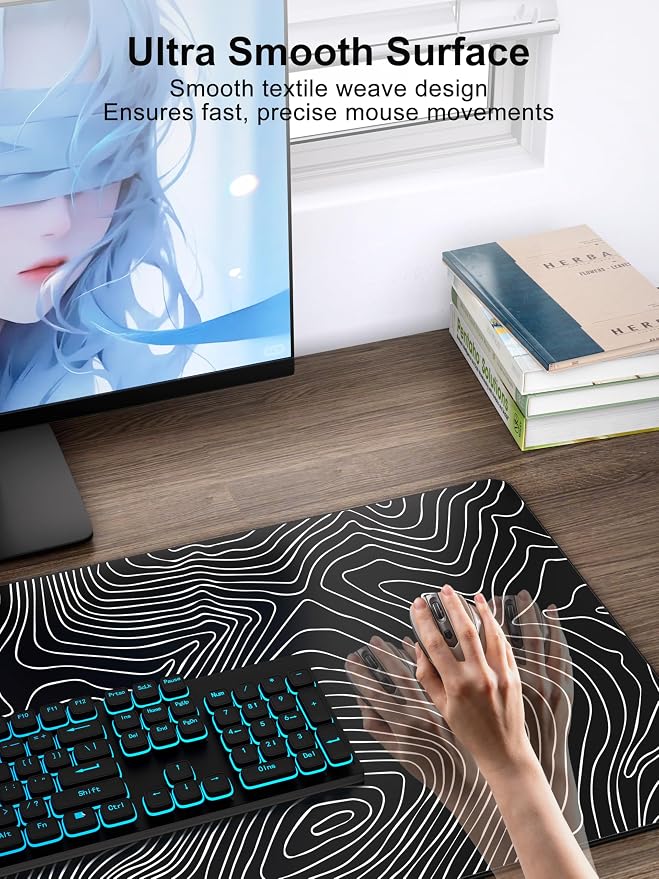 TopMade Mouse Pad with 15W Fast Wireless Charging, 31.5"x15.75" XXL Large Gaming Waterproof Desk Pad with Ultra-Smooth Surface, Non-Slip Base, Computer Desk Mat, Black Topographic Map #1 - Image 4