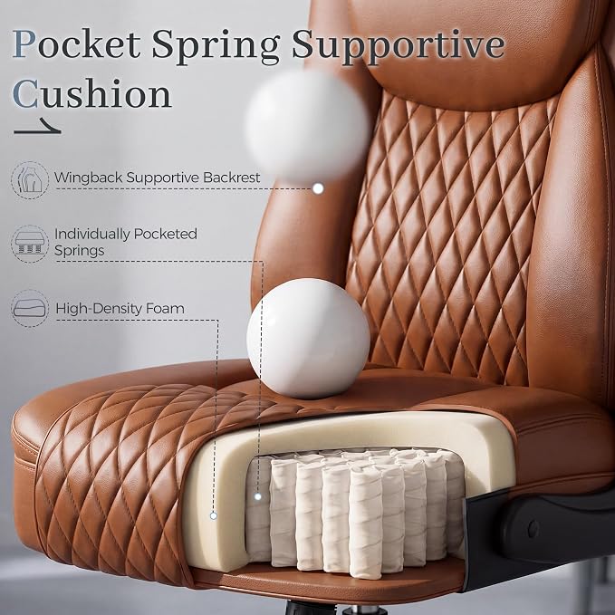GTPOFFICE Executive Office Chair with Comfortable Lumbar Support, Ergonomic Gaming Chair with Flip-up Armrests & Zoned Pressure-Relief Cushion, Comfy PU Leather Desk Chair, Brown - Image 5
