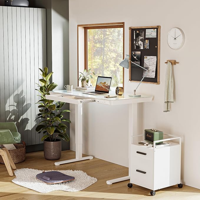 BANTI Electric Standing Desk with Drawers, 48 inch Whole-Piece Glass Desktop, Height Adjustable Stand up Sit Stand Home Office Ergonomic Workstation, White Tabletop - Image 2