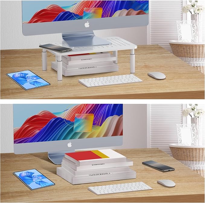 Monitor Stand Riser, Metal Computer Stand, 3 Height Adjustable Screen Riser with Mesh Platform for PS4, Laptop, Printer, Notebook and All Flat Screen, Holds Up to 20KG,White - Image 8