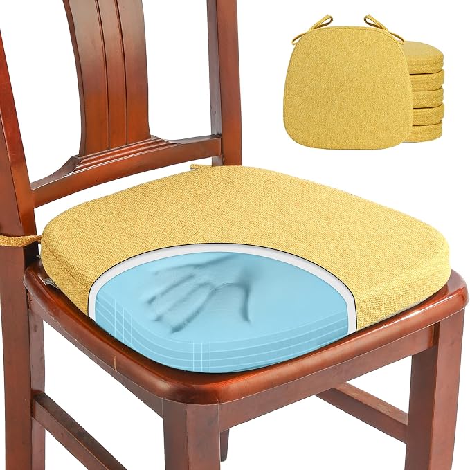 SINOSSO 6 Pack Memory Foam Chair Cushions for Dining Chairs, Friendly Woven Fabric 16" U-Shape Comfortable Kitchen Chair Pads, Removable Slip Resistant Seat Cushions (Set of 6, Yellow) by SINOSSO