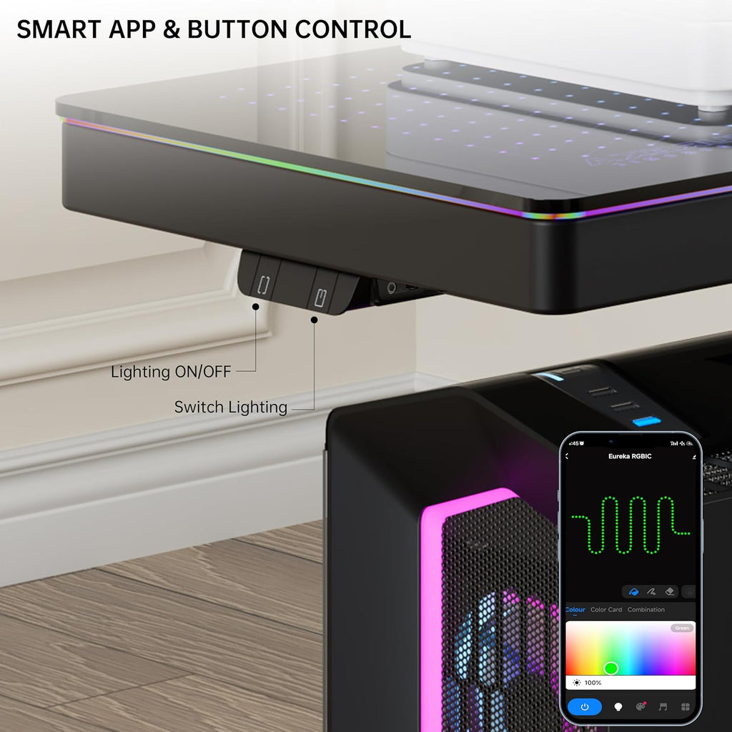 EUREKA ERGONOMIC Height Adjustable Computer Tower Stand, Illuminated Glass Panel PC Stand w/RGB Lights, 2-Tier CPU Holder Cart Under Desk, PC Floor Stand for Office Gaming, APP Control - Image 6
