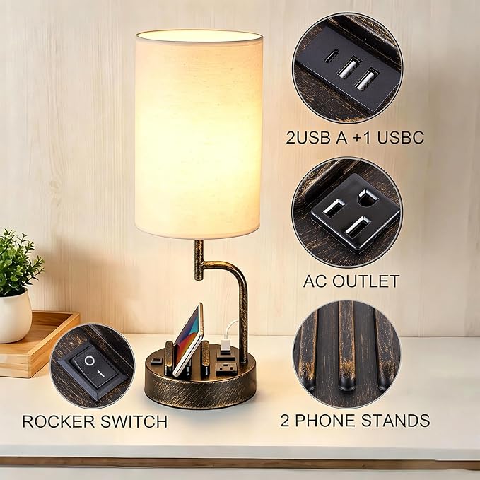 Dreamholder 2 Pack Table Lamp, Bedside Lamp with 3 USB Charging Ports & AC Outlet, USB Desk Lamp with 2 Phone Holders, Linen Fabric Shade Nightstand Lamps for Bedroom Living Room Office, Antique Brass - Image 2