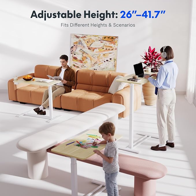 FLEXISPOT H7 32" Pneumatic Height-Adjustable Overbed Table with Wheels | C-shaped bedside table TV Tray,Medical End Side Table,Laptop desk for sofa and home office use,31.5"W x 17.7"D,White Wood - Image 3