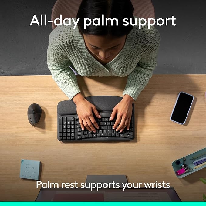 Logitech Wave Keys Wireless Ergonomic Keyboard - Graphite | Cushioned palm rest, comfortable natural typing, Easy-Switch, Bluetooth, Logi Bolt receiver, for multi-OS Windows/Mac - Image 4