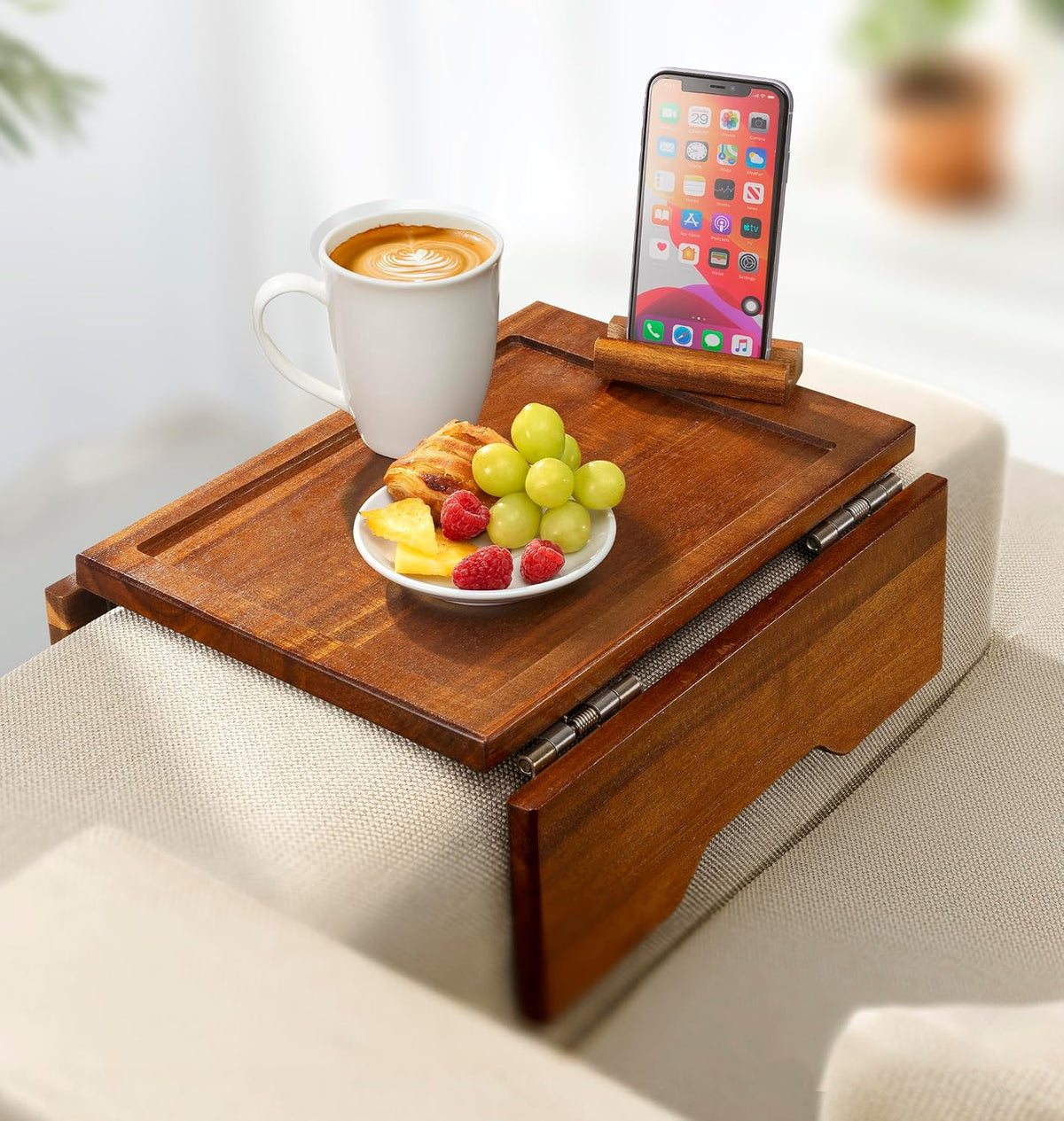 Couch Arm Table Tray with Phone & Tablet Holder – Acacia - Image 7