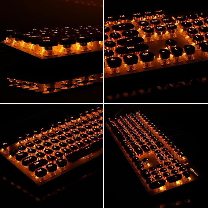 Camiysn Typewriter Style Mechanical Keyboard, Retro Punk Gaming Keyboard with Gold LED Backlit, Cute Wired Keyboards,104 Keys Full Size Keyboards, Uique Round Keycaps for Windows/Mac/PC(White&Gold) - Image 3