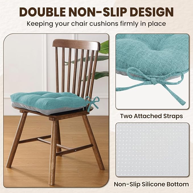 downluxe Indoor Chair Cushions for Dining Chairs, Tufted Overstuffed Textured Kitchen Chair Pads with Ties and Non-Slip Backing, 15.5" x 15.5" x 4", Aqua Blue, 4 Pack - Image 4