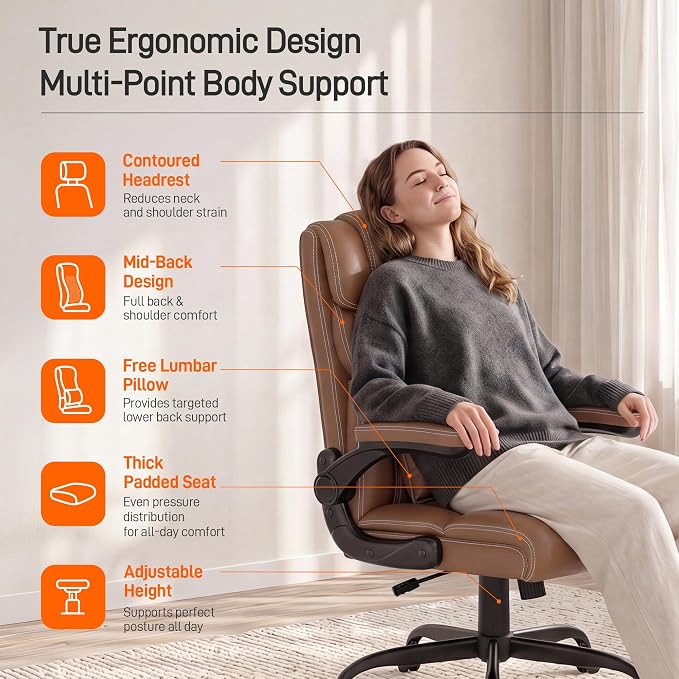 Office Chair, Executive Mid-Back Computer Desk Chair with Flip-up Armrests | 300 Lbs Ergonomic Leather Swivel PC Chair with Rock Function for Working Studying (Brown) - Image 5