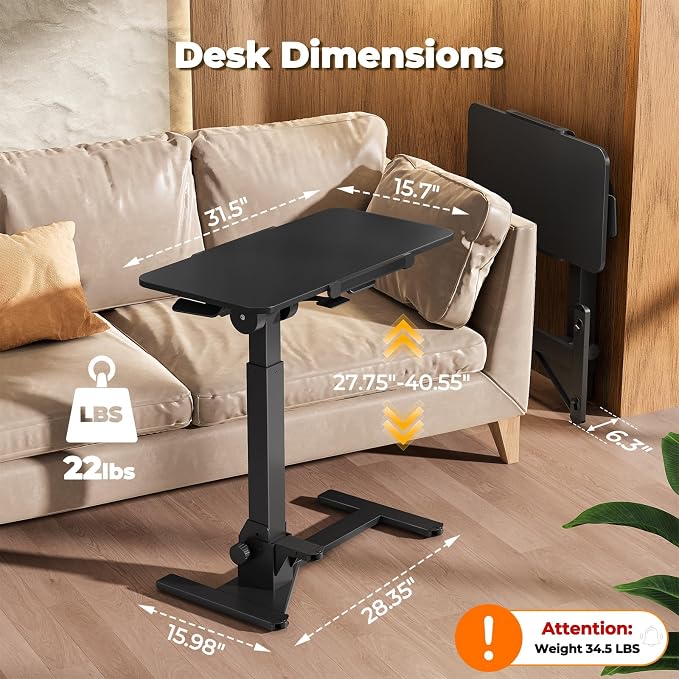 JOY worker Foldable Rolling Standing Desk, 180° Tilt Overbed Bedside Table | Height Adjustable, 31.5" Black MDF Top with Lips, Collapsible Top & Base for Storage, Poratble Mobile Desk for Home Hospital - Image 2