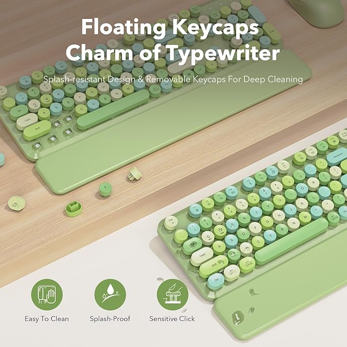 Wireless Keyboard and Mouse Combo, Cute Retro Typewriter Keyboard with Round Keycaps and Magnetic Wrist Rest, Full-Size 2.4GHz Cordless for Mac, Windows PC, Laptop, SABLUTE CK23, Green Multi-Color | Full-Size Typewriter-Style Keyboard, Tilt Legs, 2.4GH... - Image 3