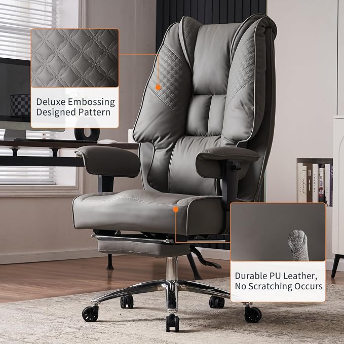 EXCEBET Big and Tall Office Chair 400lbs Wide Seat, Leather High Back Executive Office Chair with Foot Rest, Ergonomic Chairs Lumbar Support for Lower Back Pain Relief (Grey) - Image 6