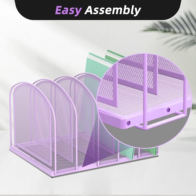 File Organizer 5-Section Mesh Desk Organizer, Upright File Organizer Desktop Organizer File Sorter, File Folder Holder for Office Supplies, Purple | 5 Vertical Compartments with Sturdy Metal Base for Office Documents Books Magazines and Laptop - Image 3