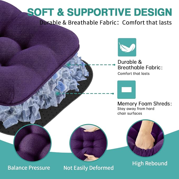 BETU Chair Cushions for Dining Chairs Set of 6,3.5" Thick Kitchen Table Chair Pads with Ties,Non Slip Backing and Covers, Seat Cushion for Dining Room,Bar,Patio Chairs,15.5"X15.5"X3.5",Dark Purple - Image 4