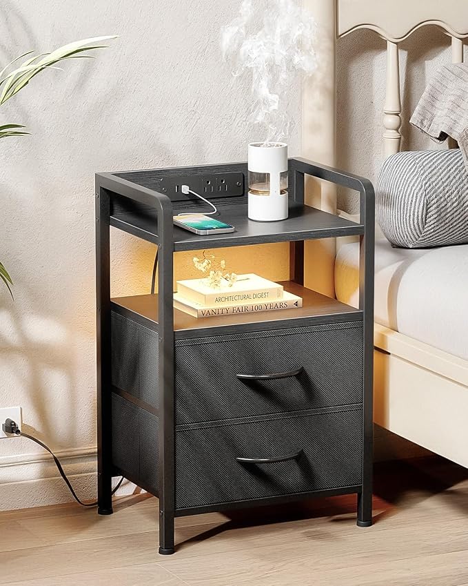 Lazzanto Nightstand with Rear Charging Station, LED Light, 2 Drawers, Black | Industrial Nightstand, 2 USB-A Ports & AC Outlets, Raised Back Guard, Fabric Storage Drawers, Bedside Table for Bedroom, Dorm - Image 2