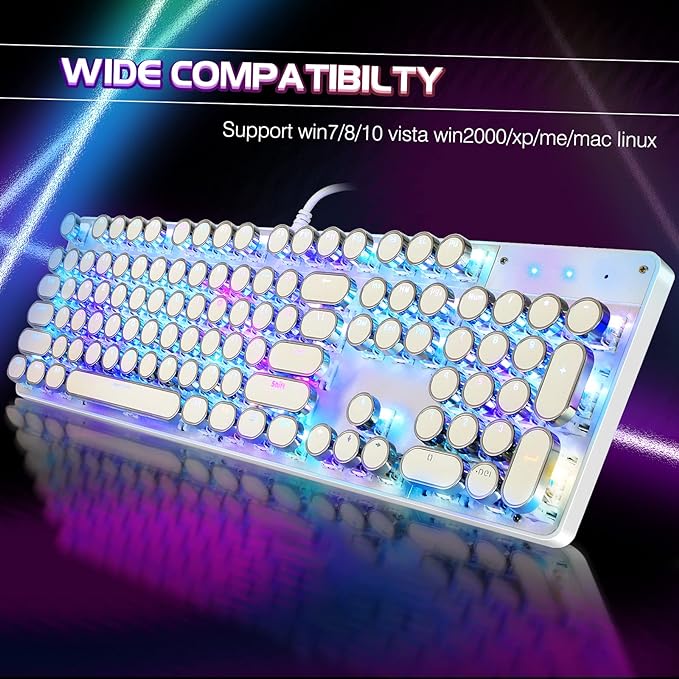 YSCP Typewriter Style Mechanical Gaming Keyboard RGB Backlit Wired with Blue Switch Retro Round Keycap 104 Keys Keyboard (R-White) - Image 6