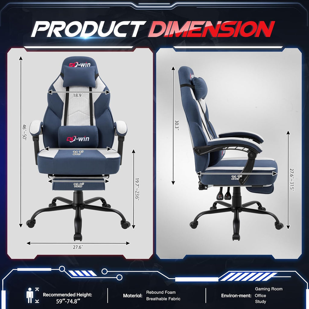 Video Gaming Chair for Adults, Computer Chair with Footrest and Ergonomic High Back, Big and Tall Gamer Chair with Massage Lumbar Support (Light Blue Fabric) - Image 3