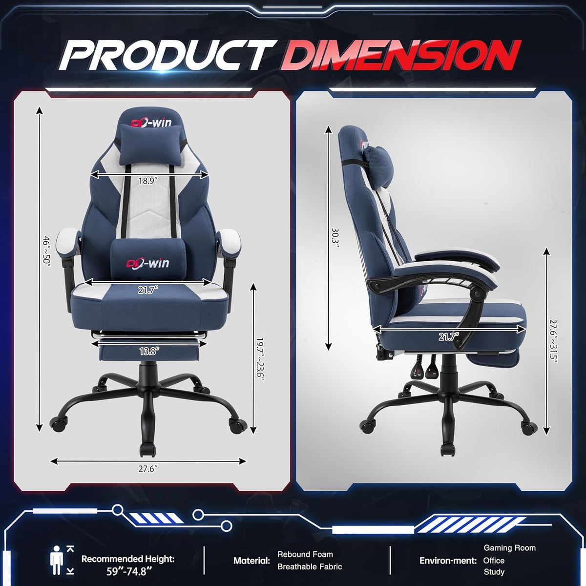 Video Gaming Chair for Adults, Computer Chair with Footrest and Ergonomic High Back, Big and Tall Gamer Chair with Massage Lumbar Support (Light Blue Fabric) - Image 3