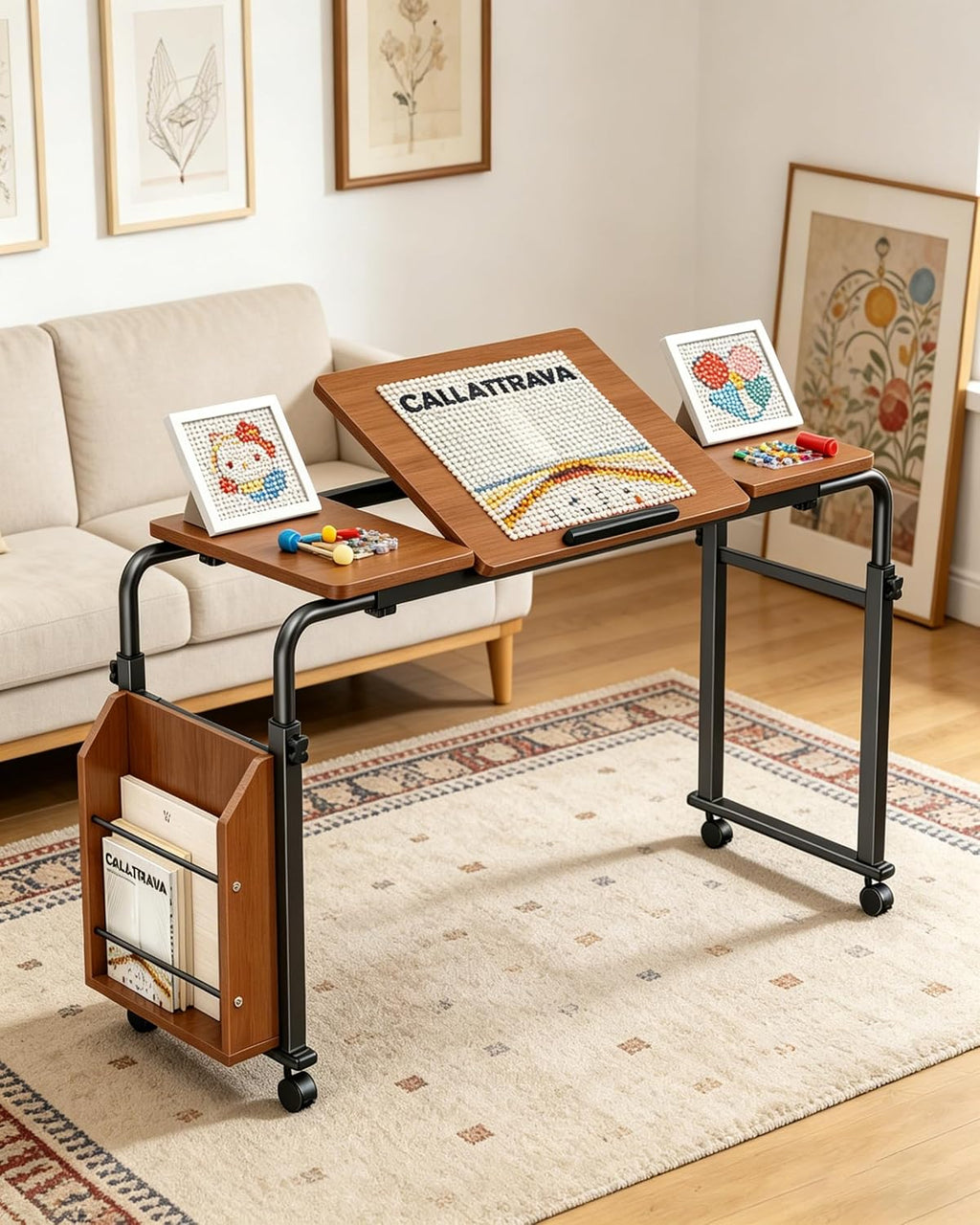 Laptop Desk for Bed,6-Angle Adjustable Overbed Table with Wheels,Adjustable Height and Length Bed Table for Laptop with Side Bookshelf,Standing Desk,Over Bed Desk for Working Hospital Home (Oaken) - Image 9