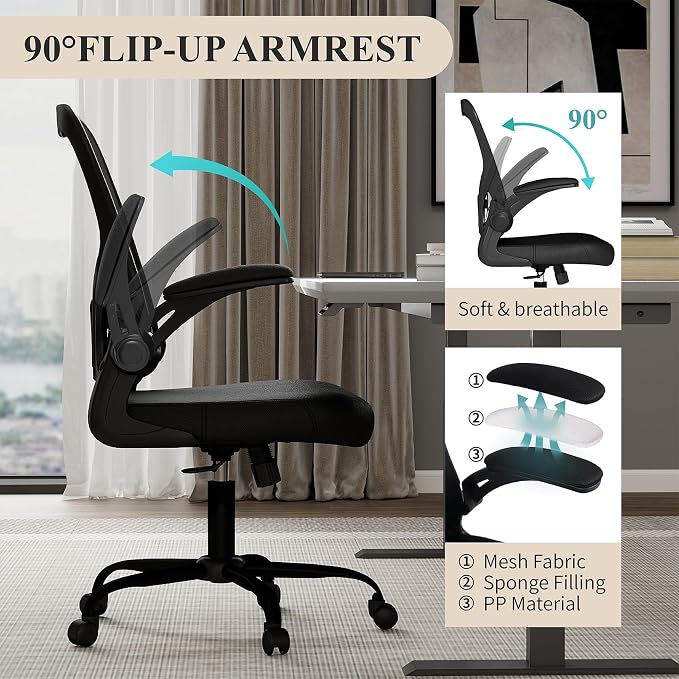 Flysky Mesh Office Chair, Ergonomic Computer Desk Chairs (Black, Set of 1) | Comfy/Comfortable Flip-up Arm Rests, Lumbar Support, Height Adjustable, 360 Degree Rolling Swivel for Home Office - Image 8