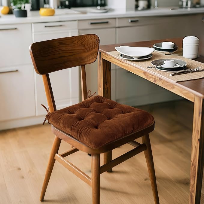 ELFJOY Set of 4 Square Chair Pads Indoor Seat Cushions Pillows with Ties Thick Soft Seat Cushion for Kitchen Dining Office Chair (18", Coffee) - Image 3
