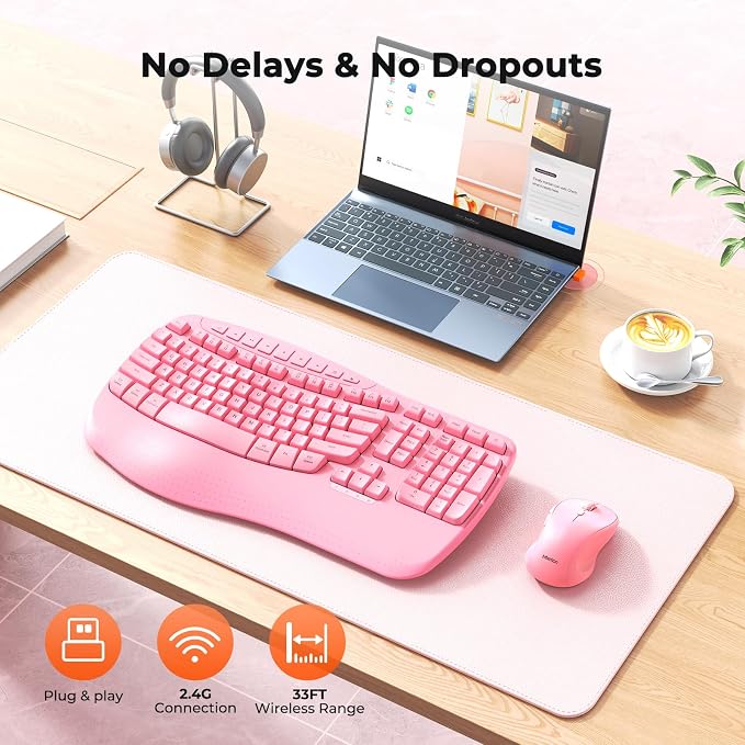 MEETION Ergonomic Wireless Keyboard and Mouse Combo with Wave Keys, Pink | Natural wave keys, hard wrist rest, 2.4G USB receiver, full-size layout, 4 DPI optical mouse, for Windows, Mac, desktop PC - Image 5