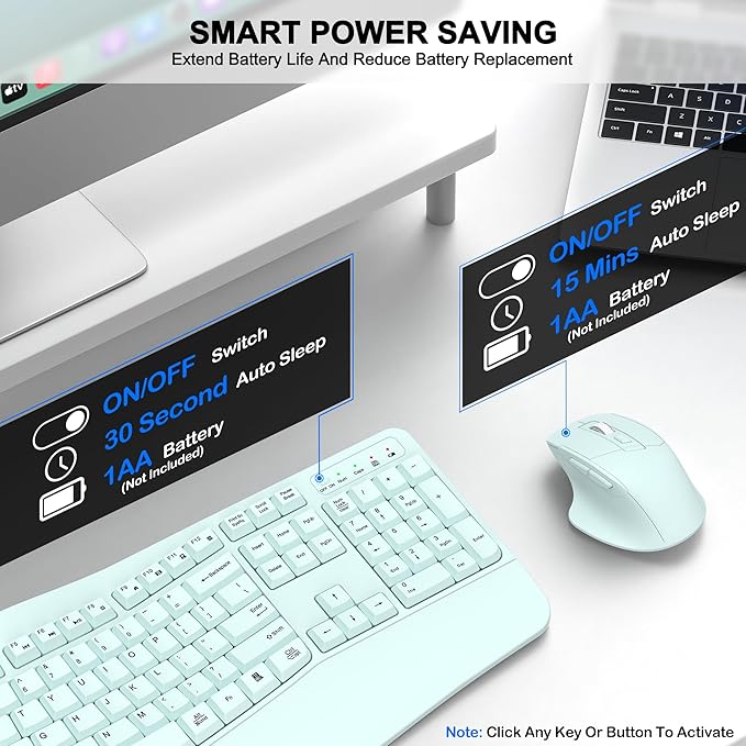 Wireless Keyboard and Mouse Combo, 2.4G Ergonomic Wave Key(Mint Green) | Full Size Wave Keyboard with Wrist Rest, 3-Level DPI Adjustable Ergonomic Mouse for Windows and Mac OS Desktop/Laptop/PC - Image 6