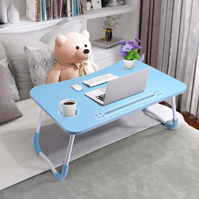 Slendor Foldable Lap Desk with Cup Holder for Bed, Couch, Floor | Portable,with USB Light, Fan, Pen Holder,Tablet Holder,for Laptop,Writing,Eating,Blue - Image 2