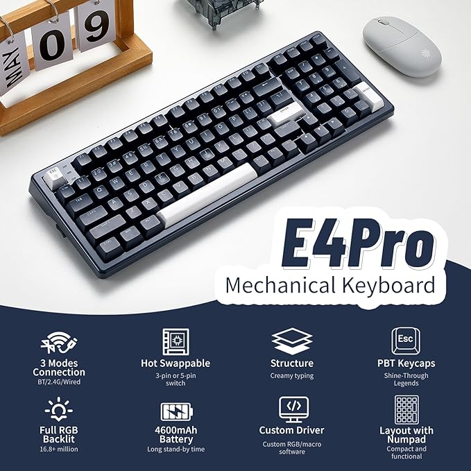 Hexgears Wireless Mechanical Keyboard with Number Pad,Wrist Rest,Gasket Structure,Tri-Mode BT5.0/USB-C/2.4GHz Hot Swappable Keyboard,Creamy Sound,RGB Backlit,Computer Gaming Keyboards(Clicky Switch) - Image 2