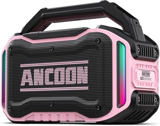 ANCOON Speakers Bluetooth Wireless: 80W(Peak) Loud Speaker with Bass, 20H Playtime, IPX6 Waterproof, Large Jobsite Speakers for Work, Outdoor, Workshop, Garage, Portable Speaker with TWS (Pink) by ANCOON