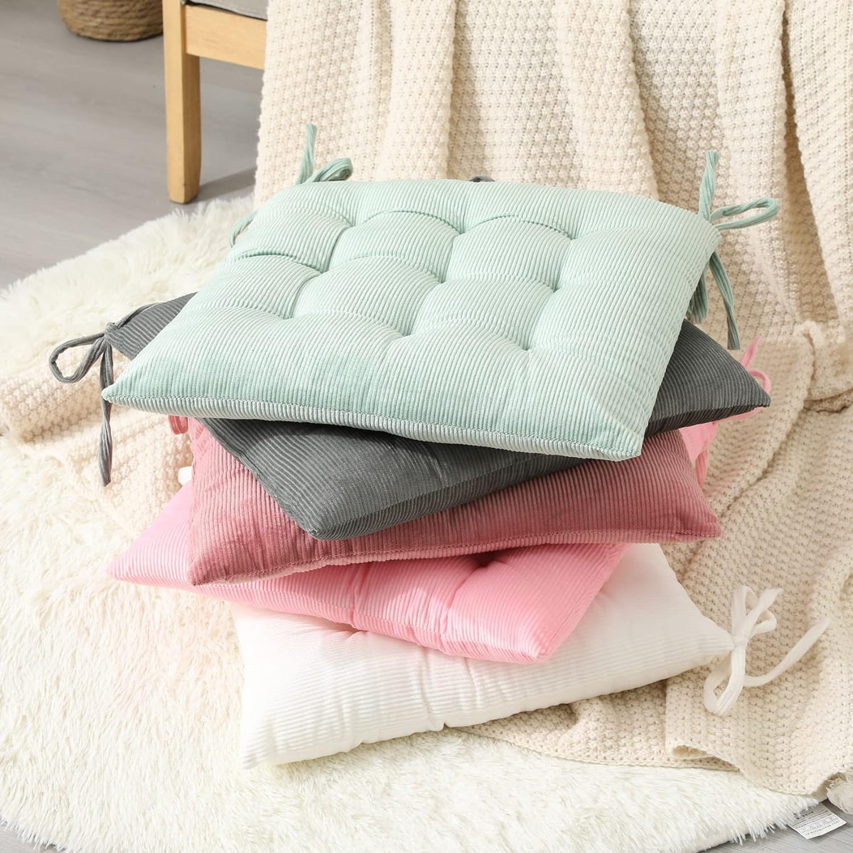 HLOVME Corduroy Chair Cushion with Ties Ultra Soft Warm Floor Cushion for Kids Reading Nook Comfortable Square Seat Cushion for Adult 15.7”x15.7”, Grey - Image 6